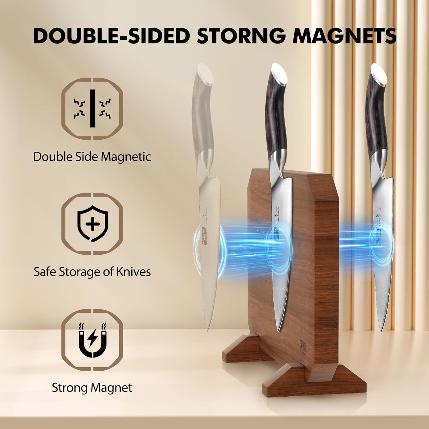 HOSHANHO Magnetic Knife Block, Thickened Acacia Wood Kitchen Knife Holder Stand with Strong Magnets, Multifunctional Double Side Knife Storage Organizer for Kitchen Counter