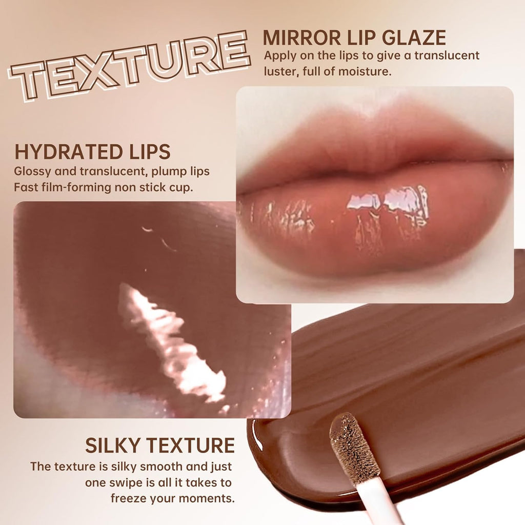 HOSAILY Nourishing Lip Gloss with Brown Lip Liner Lip Combo Set, Moisturizing High Shine Nude Lip Glow Oil Fresh Lightweight Glossy Plumping Lip Gloss for Women Long Wear Mini Liquid Lipstick Makeup#8