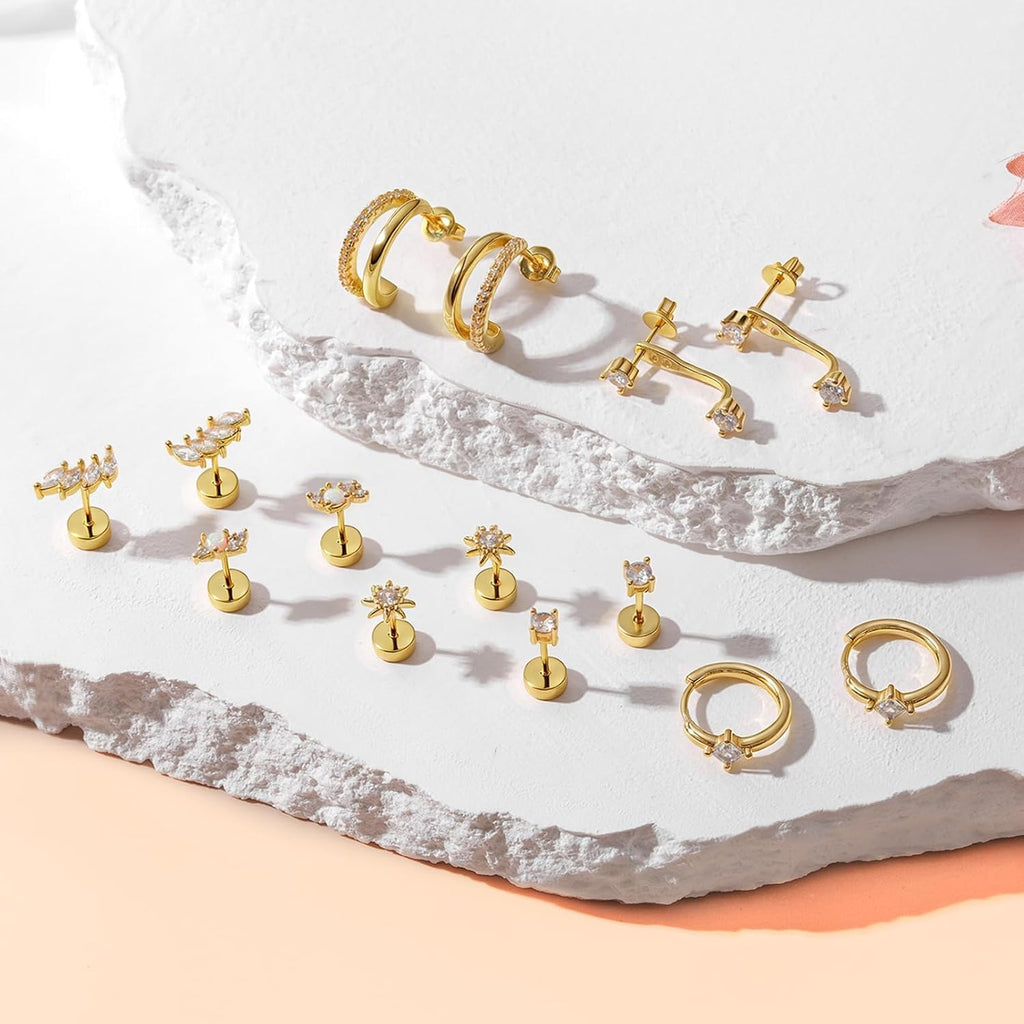 Gold Flat Back Earrings Stacks Hypoallergenic Cartilage Earrings for Women,20G Lobe Tragus Helix Conch Piercing Jewelry,Dainty 14K Gold Plated Stud Hoop Earring Set