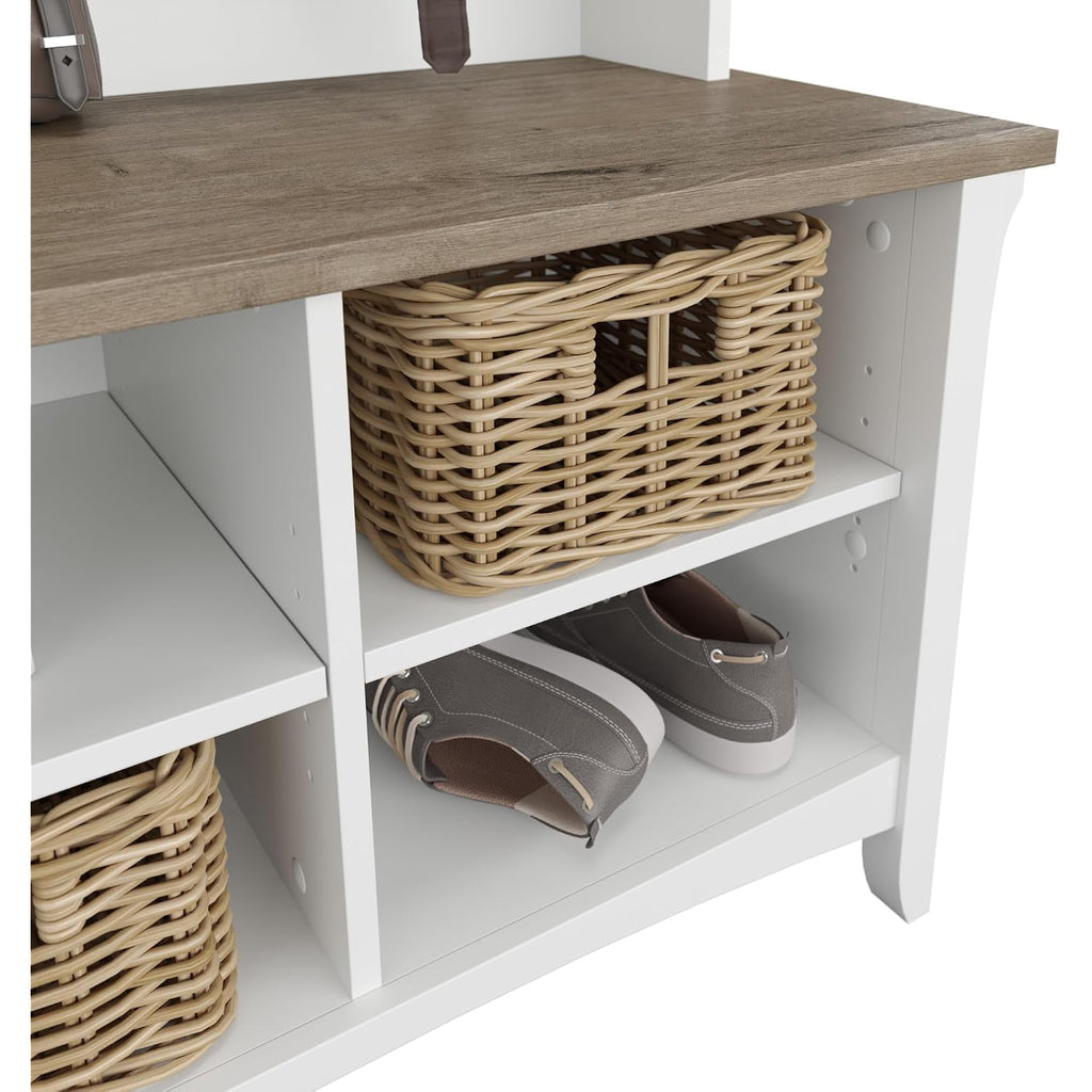 Bush Home Salinas Hall Tree With Shoe Storage Bench In Shiplap Gray And Pure White, Multi-Purpose Home Organizer, Entryway Solution With Seating And Hooks