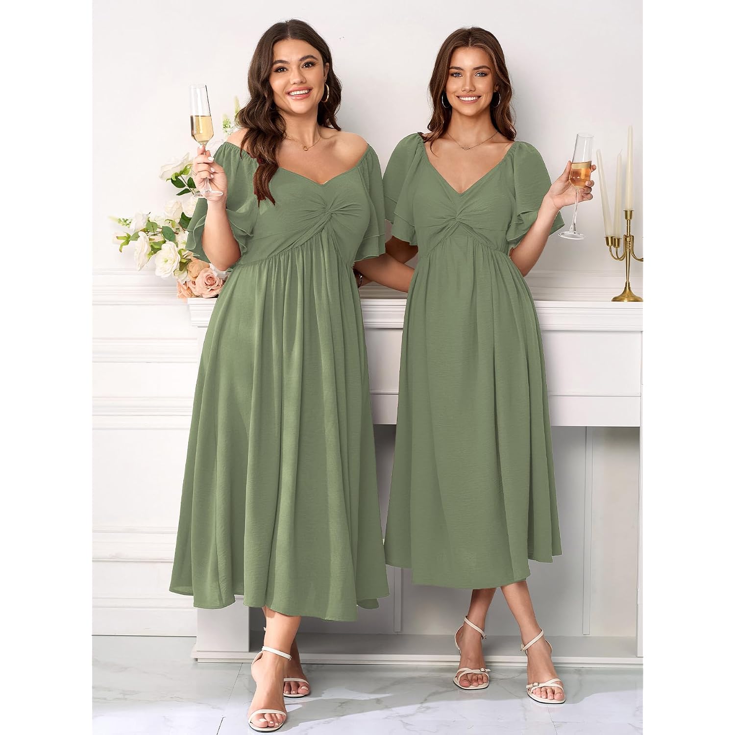 Scomchic Women'S Plus Size Wedding Guest Cocktail Dresses Sweetheart Neckline Ruffle Sleeve A Line Maxi Dress