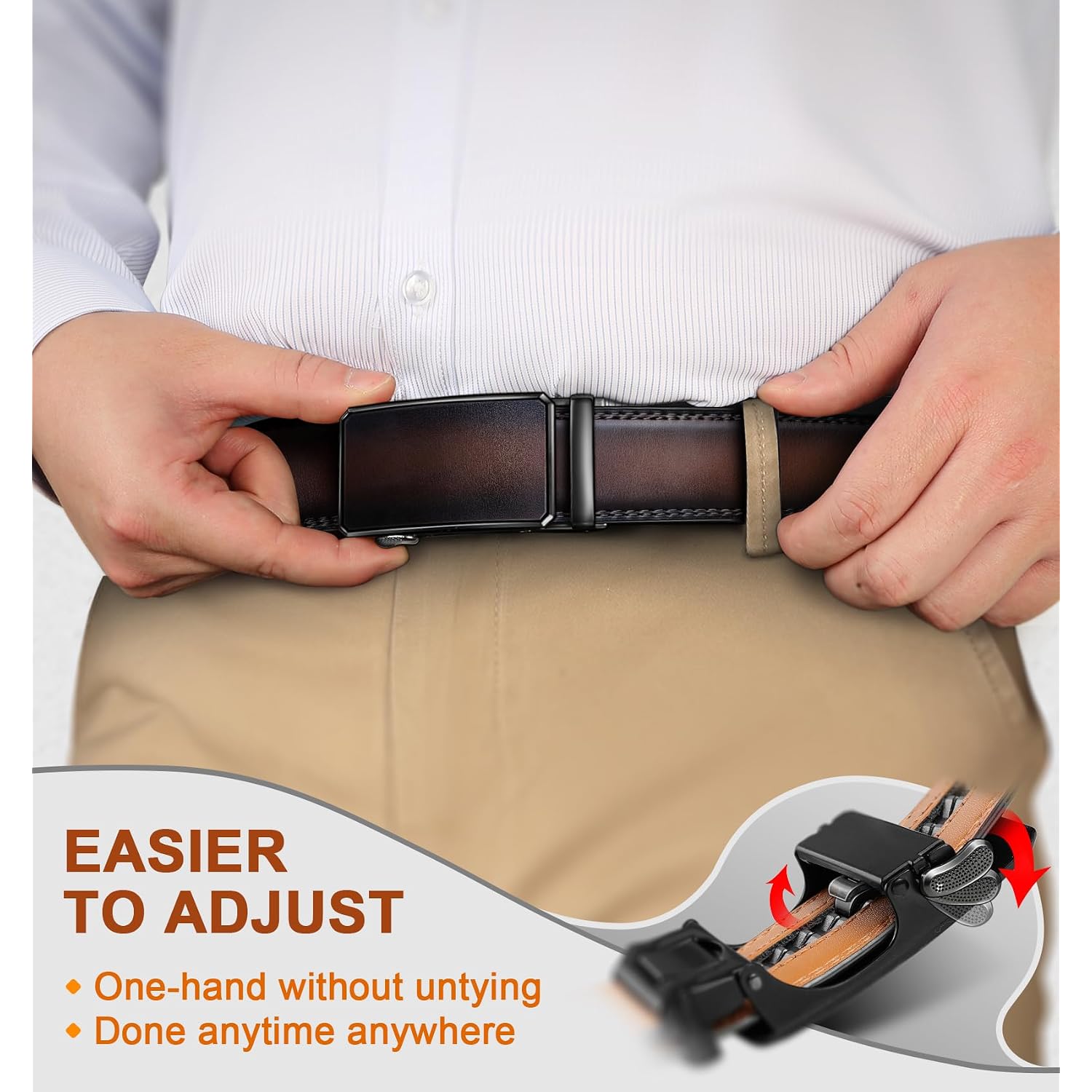 Men Belt 2 Pack, Leather Ratchet Belt Easy Click Slide For Men 1 3/8",Cut For Fit
