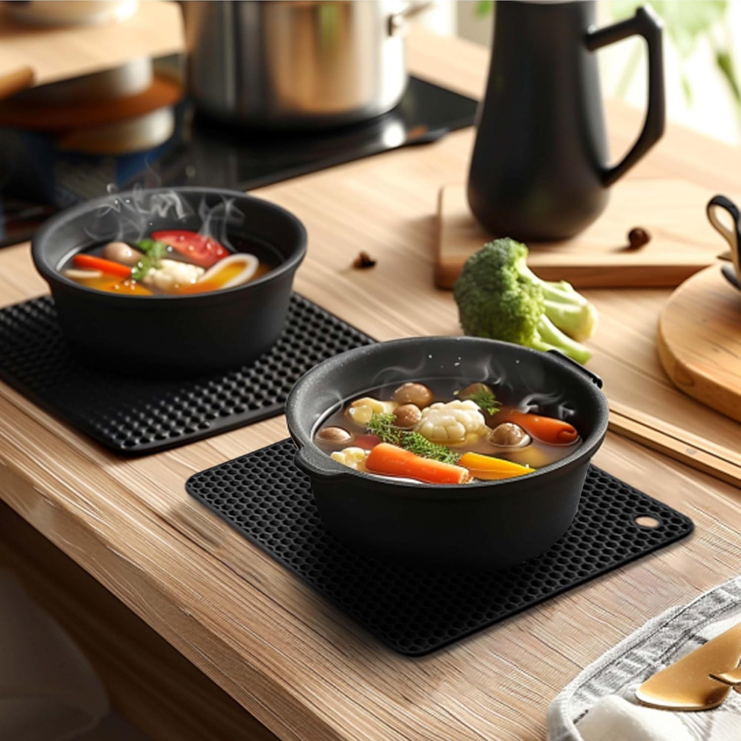 Silicone Trivet Mats,Heat Resistant Pot Holders, Multipurpose Non-Slip Hot Pads for Kitchen Potholders, Hot Dishers, Jar Opener, Spoon Holder, Food Grade Silicone(Black Size Square 7.1''x7.1'')