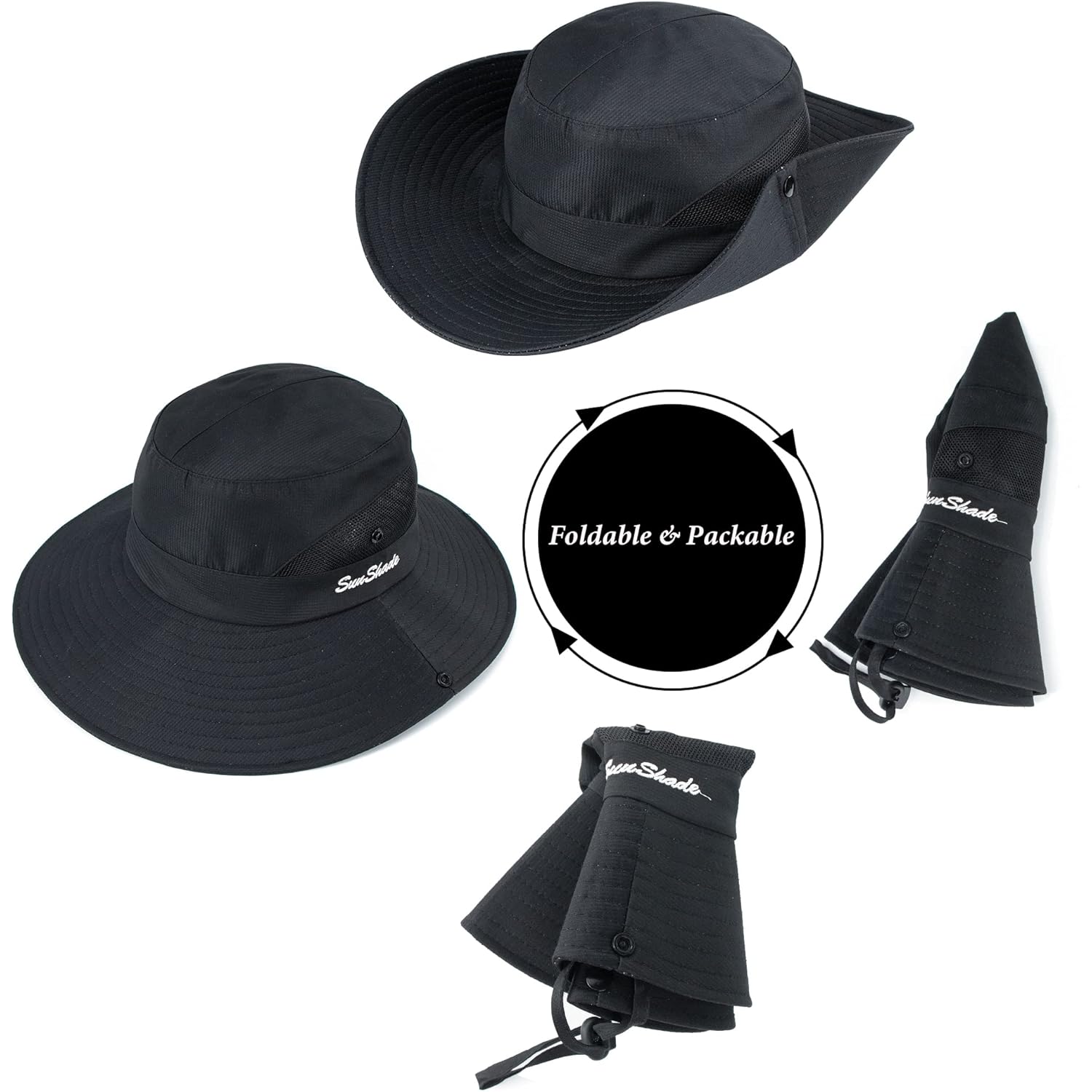 Women's Sun-Hat UV-Protection-Foldable Mesh Wide-Brim Outdoor Summer Beach Fishing Hat with Ponytail-Hole