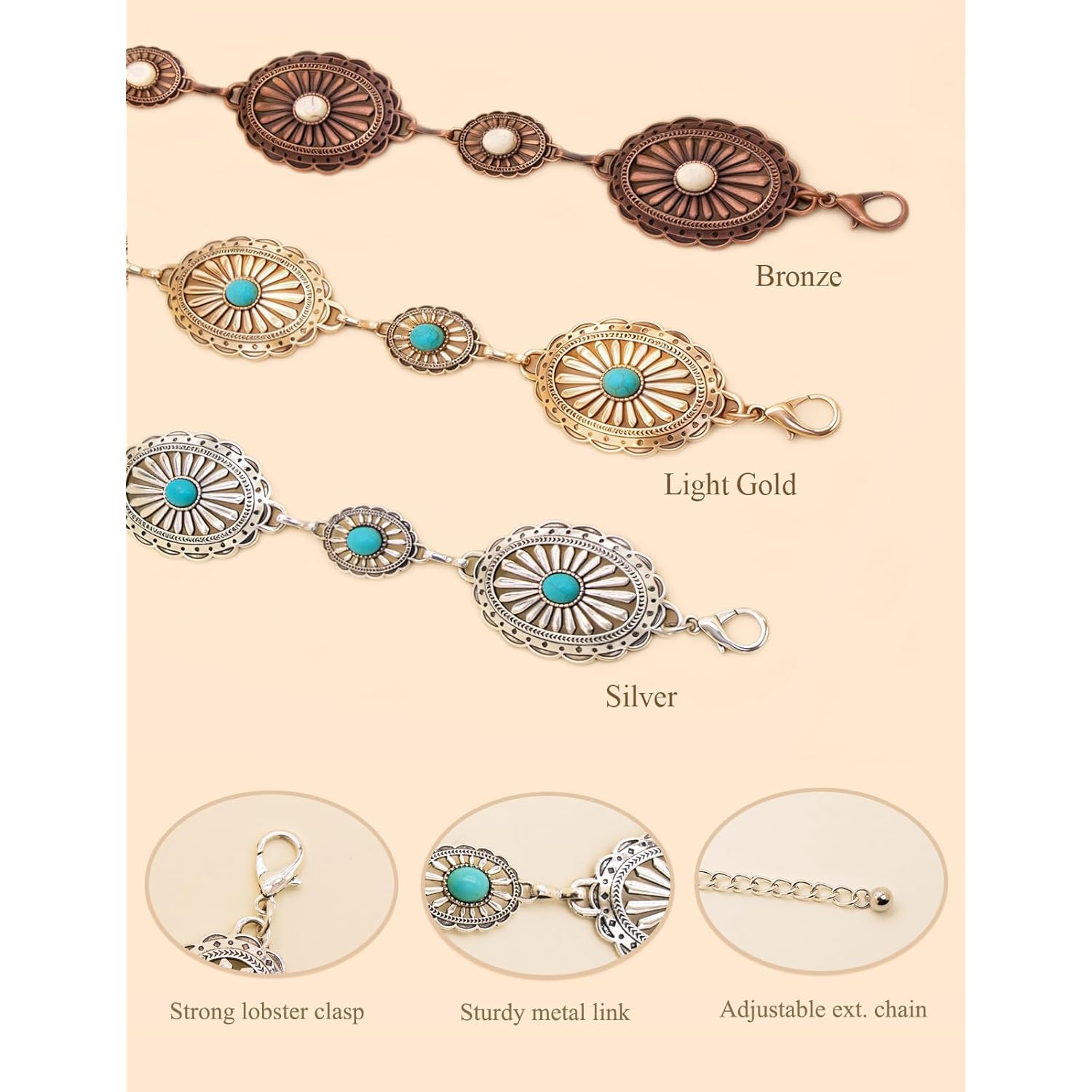 TOPACC Western Metal Concho Belt for Women Cowgirl Chain Belts for Dresses Jeans Country Concert Outfit