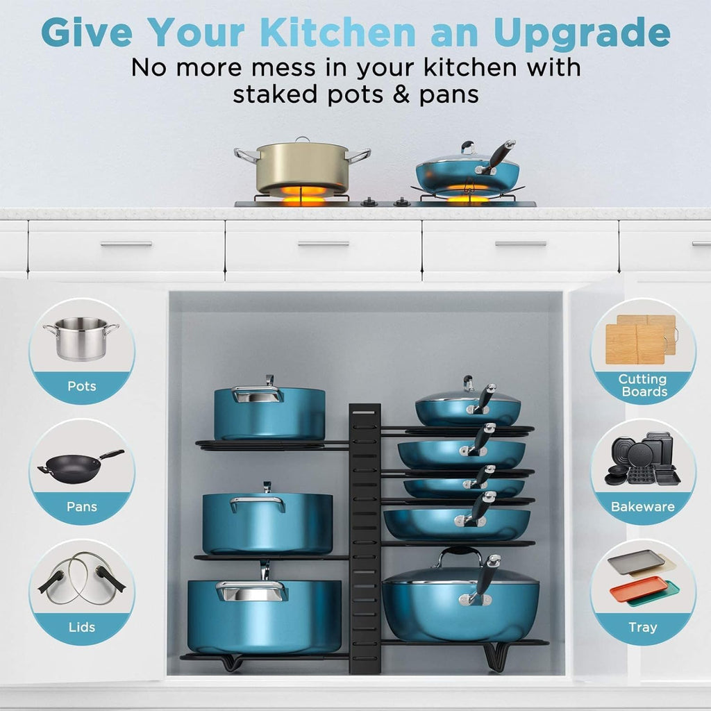 Pots And Pans Organizer For Cabinet 16.61 Height, 8 Tier Pot Organizers Rack With 3 Diy Methods, Adjustable Pan Organizer Under Cabinet Kitchen Organization And Storage