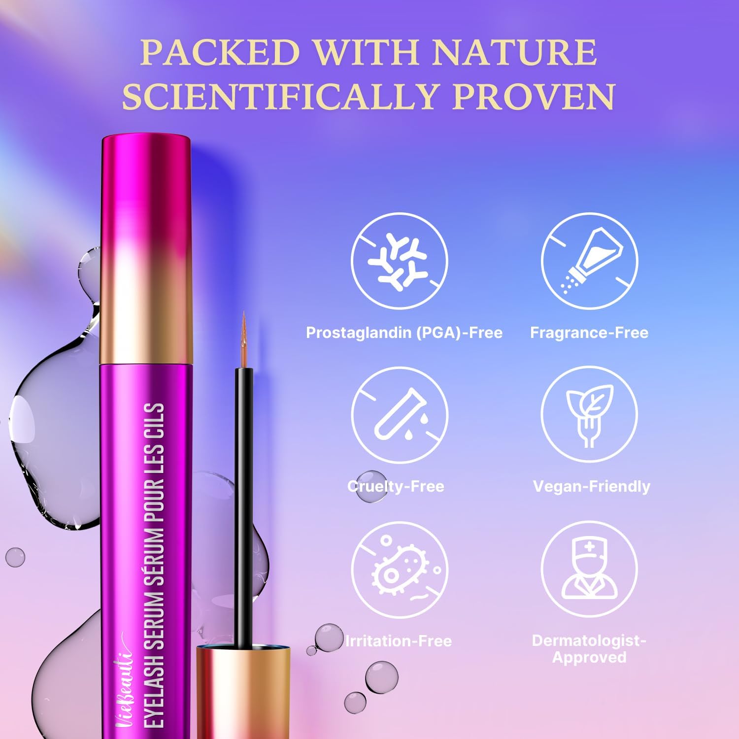 VieBeauti Lash Serum for Eyelash Growth, Prostaglandin Free EyeLash Serum with Peptides for Longer Fuller Thicker Looking Lashes, Vegan & Cruelty-Free, Safe for Sensitive Eyes, 3mL