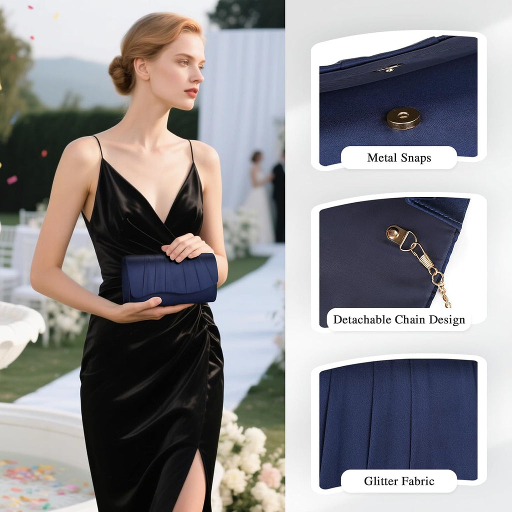 Pleated Satin Evening Bag For Women, Formal Clutch Purse, Envelope Handbag For Wedding, Prom, Party & Cocktail