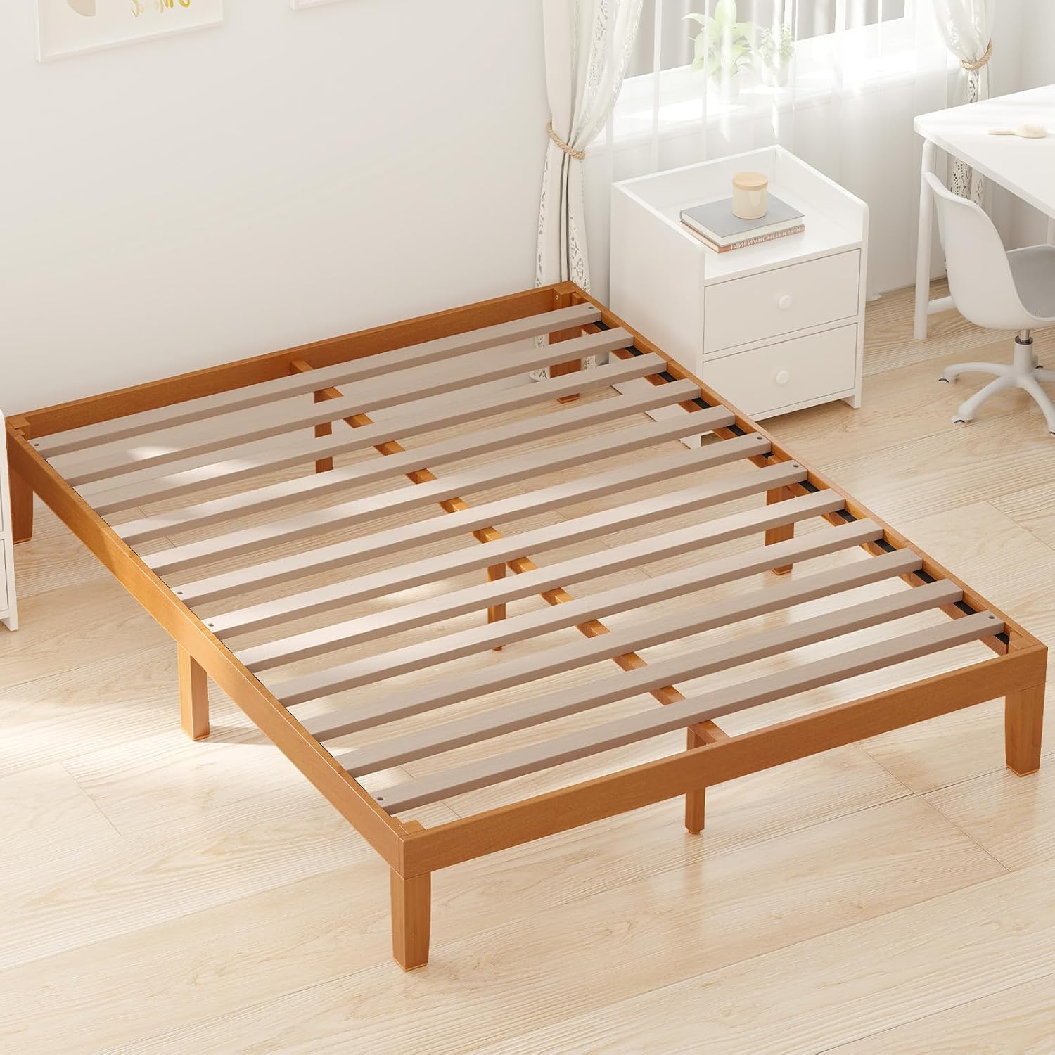 Dumos Full Size Bed Frame, Solid Wooden 12In Platform Bed Base With Sturdy Wood Slat Support, Noise-Free Design, No Box Spring Needed, Easy Assembly, Natural Pine