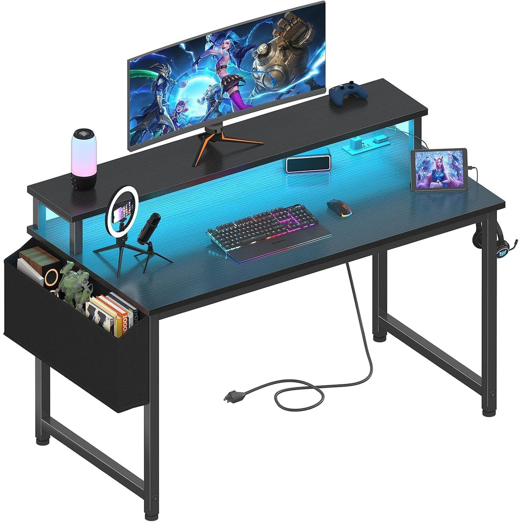 Lufeiya Black Gaming Desk With Led Lights And Power Outlets, 40 Inch Teen Writing Study Table Home Office Desks With Monitor Stand, Computer Desk With Charging Station Usb Port, Black