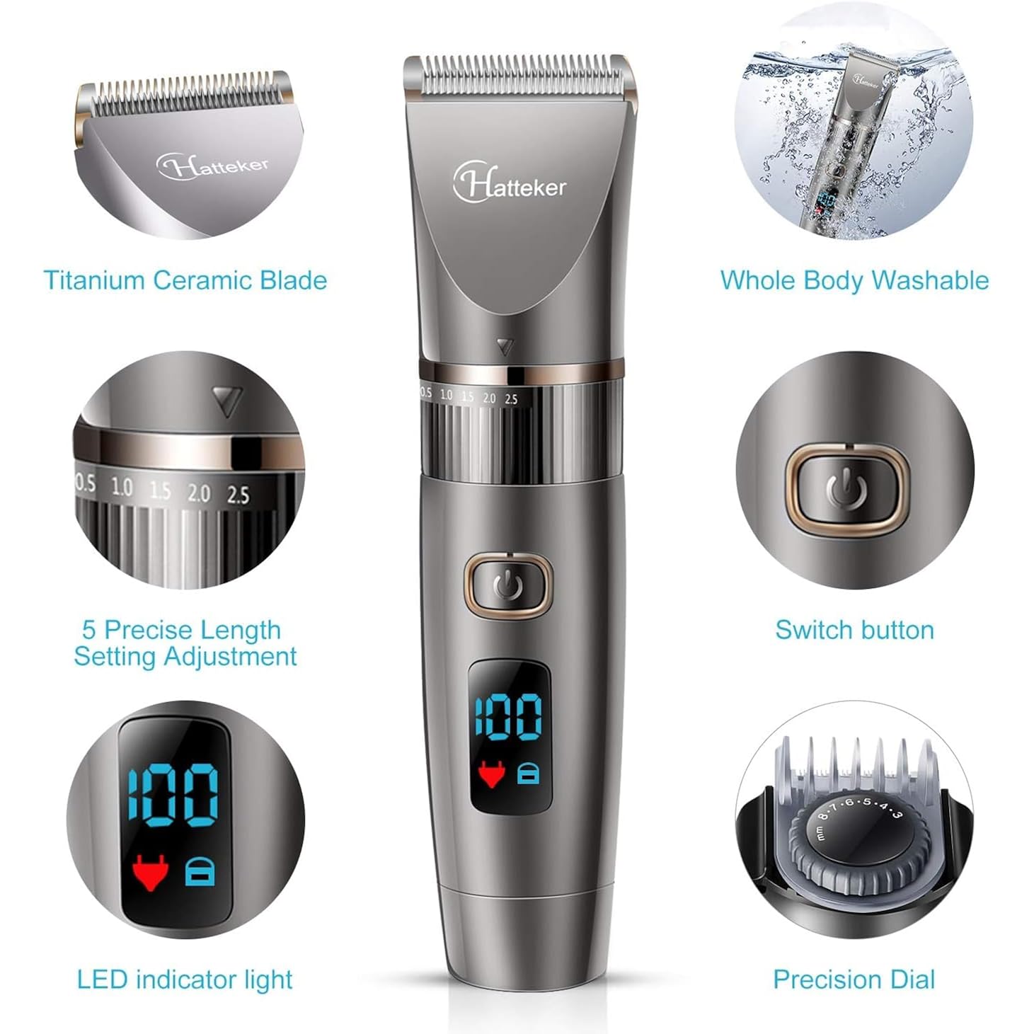 Hatteker Beard Trimmer For Men Professional Hair Clipper Hair Trimmer Shaver Haircut Detail Cutting Kit For Men Cordless Waterproof