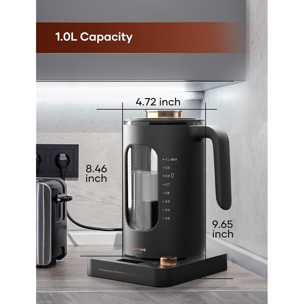 Electric Tea Kettle, Intasting Glass Electric Kettle With Tea Infuser And Precise Knob Temperature Control, 1200W Fast Heating, Bpa-Free, Easy To Clean, 1 Liter (Dark Gray)