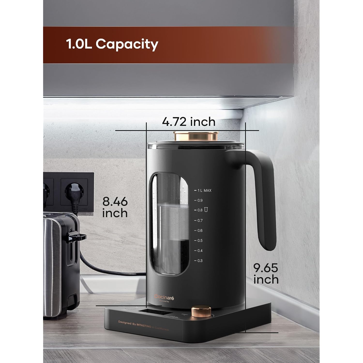 Electric Tea Kettle, Intasting Glass Electric Kettle With Tea Infuser And Precise Knob Temperature Control, 1200W Fast Heating, Bpa-Free, Easy To Clean, 1 Liter (Dark Gray)