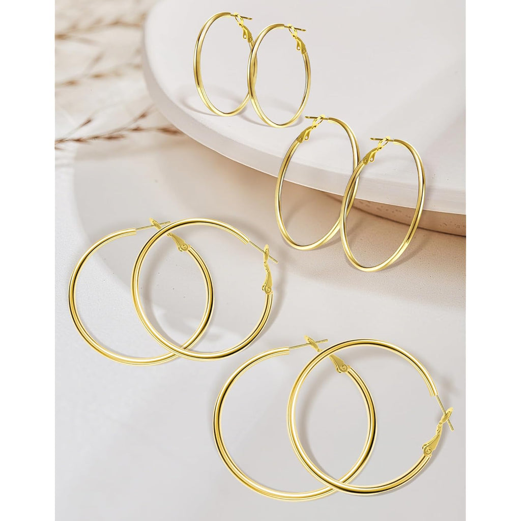 4 Pairs Silver Gold Hoop Earrings for Women 30/40/50/60 mm Stainless Steel 14K Gold Plated Hoop Earrings Hypoallergenic Big Thin Lightweight Dangle Set