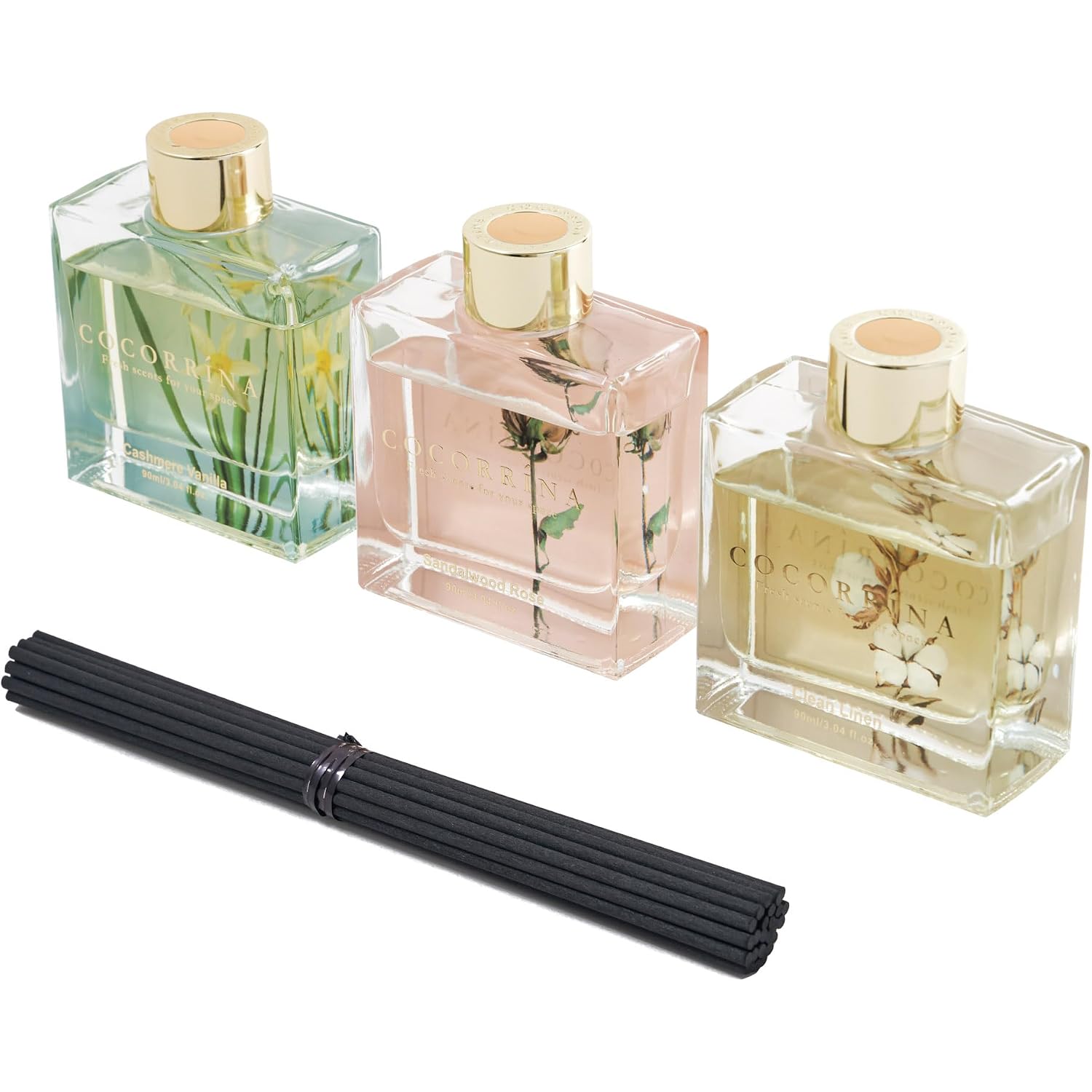 Reed Diffuser Set Of 3-3 Pack/ 3.04 Fl.Oz Diffuser With 24 Sticks Cashmere Vanilla/Sandalwood Rose/Clean Linen Reed Diffuser For Home Bathroom Office Decor