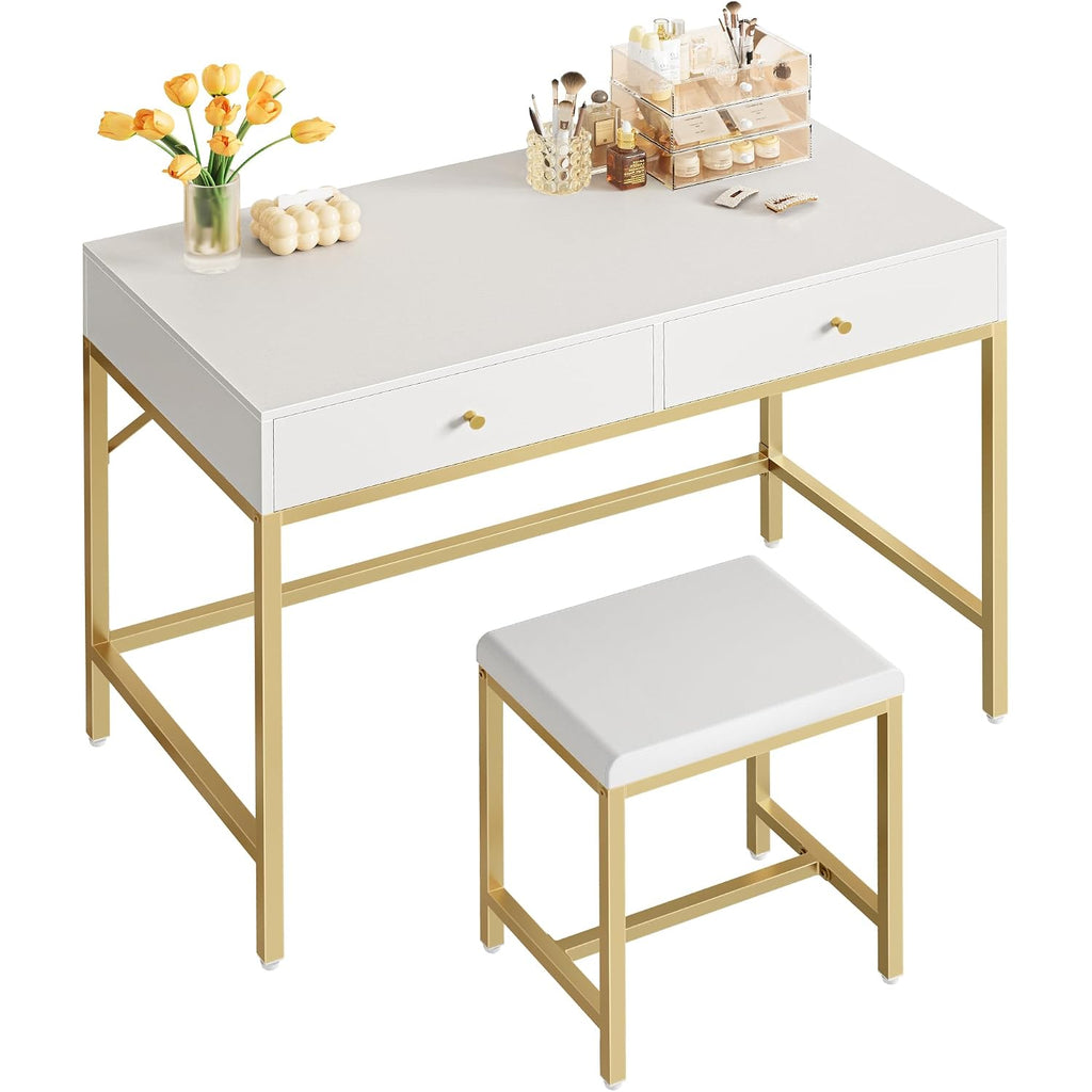 Superjare 35.4" White And Gold Desk With 2 Drawers, Modern Makeup Vanity With Padded Stool, Small Computer Desk Home Office Desk For Writing Study Bedroom