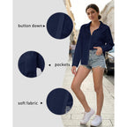 Womens Button Down Shirts Long Sleeve Linen Casual Collared Blouses Loose Fit