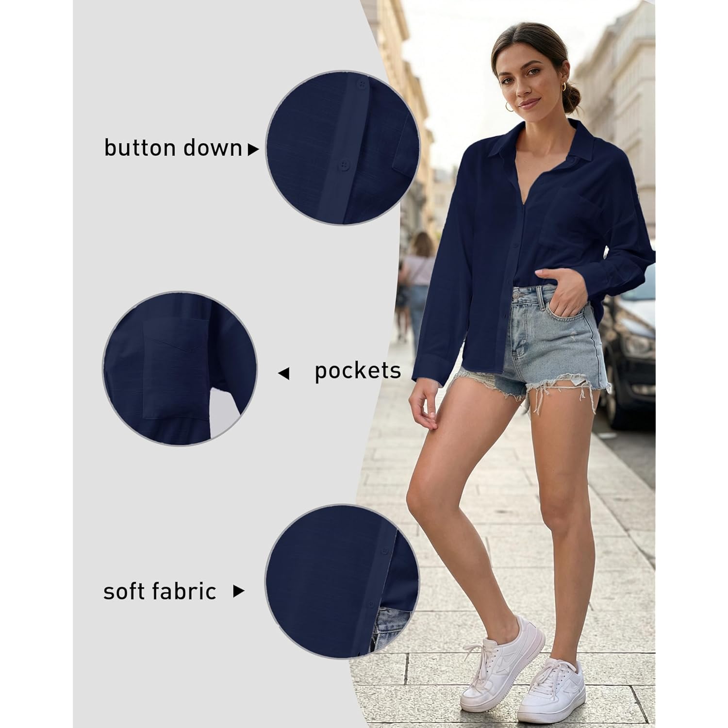 Womens Button Down Shirts Long Sleeve Linen Casual Collared Blouses Loose Fit