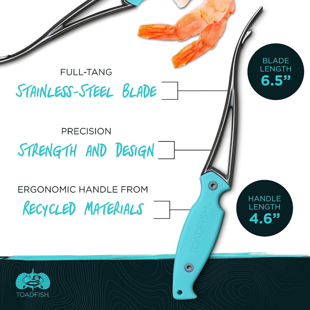 Toadfish Shrimp Deveiner Tool - Prawn & Seafood Peeler - Frogmore Shrimp Cleaner - Steel Butterfly Blade - Kitchen Essential - Ergonomic Handle - Stainless Steel - Full-Tang Strength
