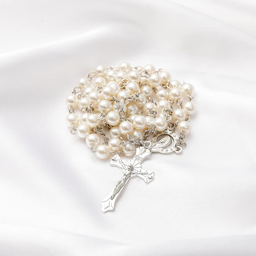 Rosary Beads Catholic - Confirmation Gifts for Teenage Girl, Silver Simple Style Metal Gift Box, White Artificial Pearls Rosary, Gifts for Women