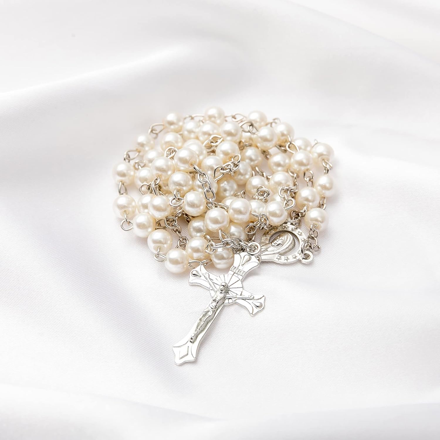 Rosary Beads Catholic - Confirmation Gifts for Teenage Girl, Silver Simple Style Metal Gift Box, White Artificial Pearls Rosary, Gifts for Women