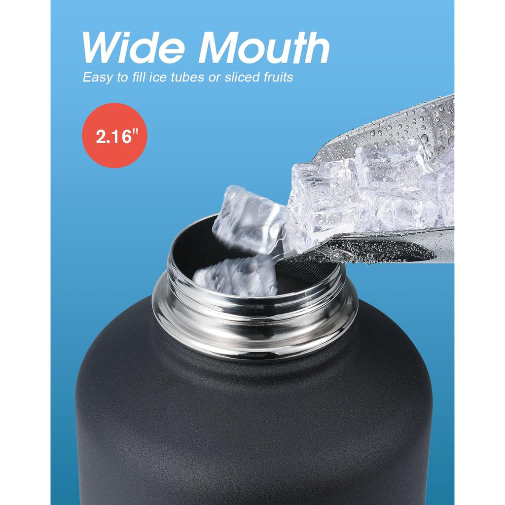 64 Oz Water Bottle Insulated With Straw & 3 Lids, Coolflask Large Metal Stainless Steel Water Jug Big Half Gallon Wide Mouth For Sports, Gym Or Hiking, Non-Bpa Keep Cold 48H Hot 24H, Magic Black