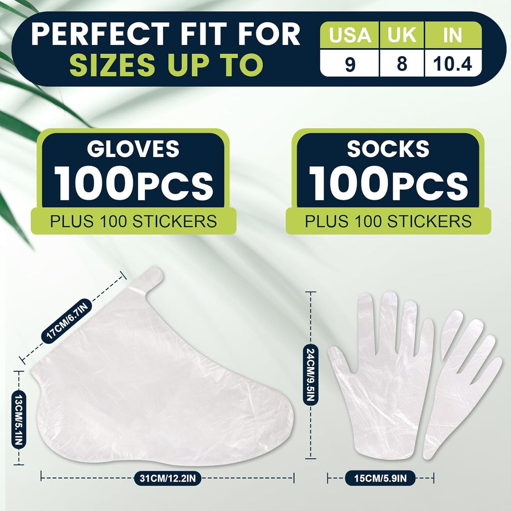 TEAWOO 200PCS Disposable Hand & Foot Mask Set, 100P Hand Masks + 100P Foot Masks with Stickers, Leak-Proof Moisturizing Covers for Paraffin Therapy & at-Home Skin Care (Feet Fit up to US 9)