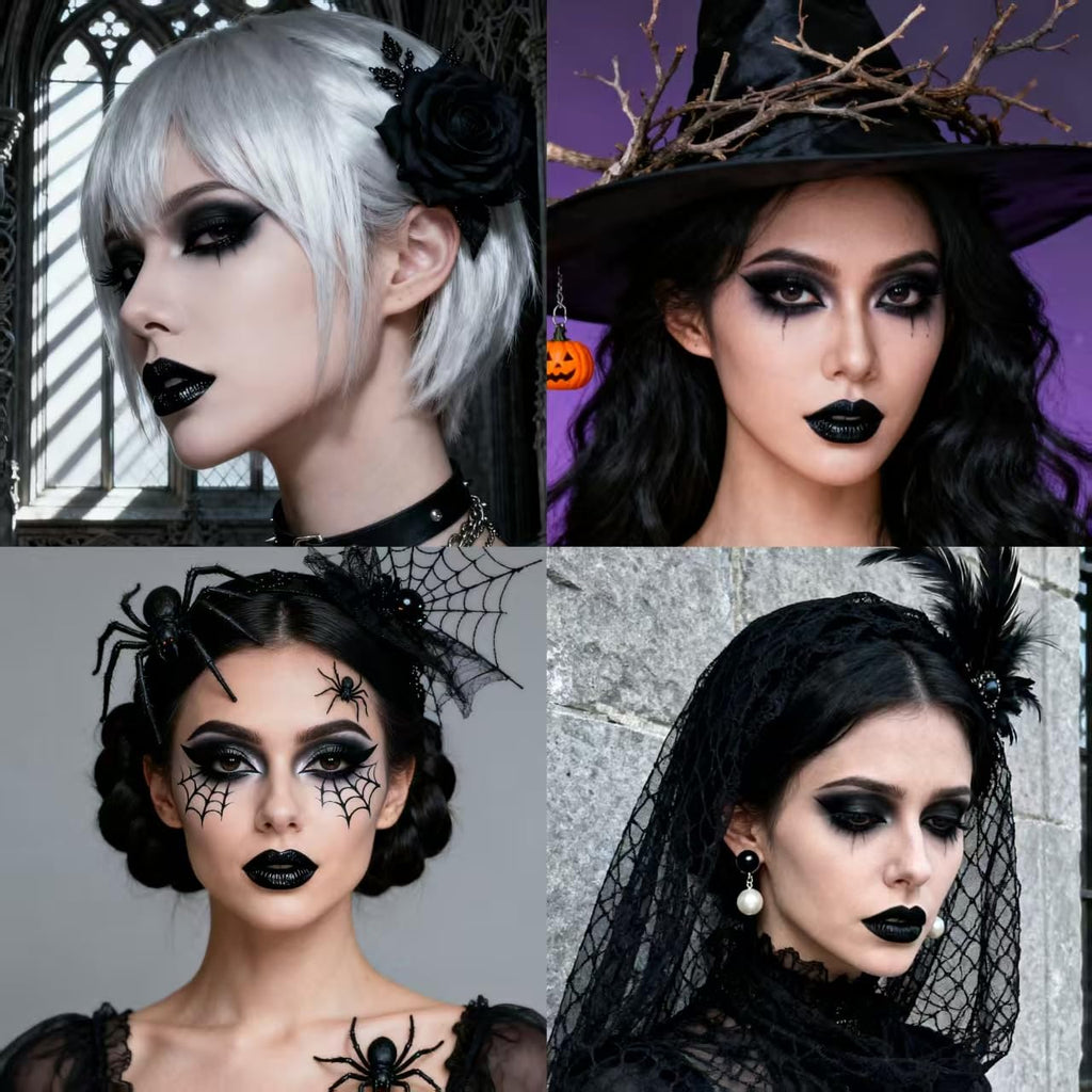 Black Eyeshadow Palette Liquid Lipstick Eyeliner Set with Mini Brush, Smokey Eye Shadow Black Lip Gloss lip liner Set, Smudge Proof Long-lasting, Suitable for Halloween Cosplay Goth Witch Makeup