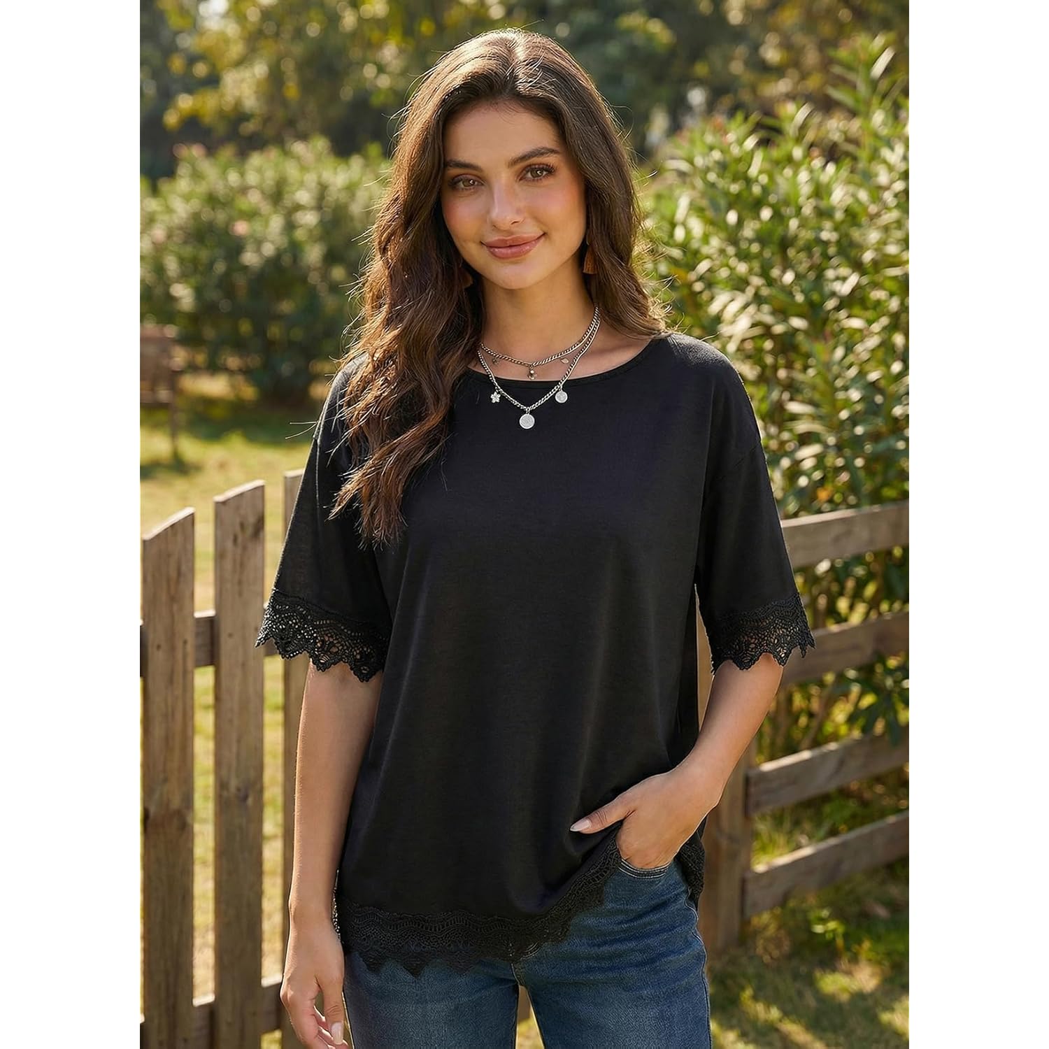 Womens Summer Tops 2026 Oversized Short Sleeve Shirts Casual Loose Lace Patchwork Tshirt Fashion Outfits