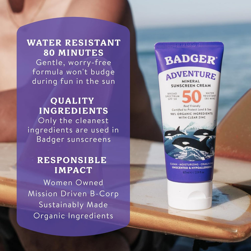 Badger Biodegradable Reef Safe Sunscreen, Spf 50 Unscented Zinc Oxide Sunscreen, 98% Organic Ingredients, Water Resistant Adventure Sport Sunblock, 2.9 Fl Oz, 3-Pack