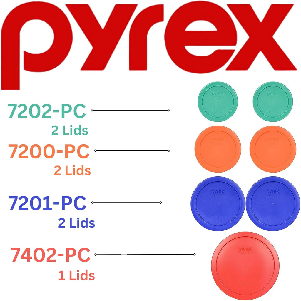 Pyrex (2) 7202-PC Green, (2) 7200-PC Orange, (2) 7201-PC Cobalt Blue, (1) 7402-PC Red Food Storage Lids - Made in USA
