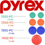 Pyrex (2) 7202-PC Green, (2) 7200-PC Orange, (2) 7201-PC Cobalt Blue, (1) 7402-PC Red Food Storage Lids - Made in USA