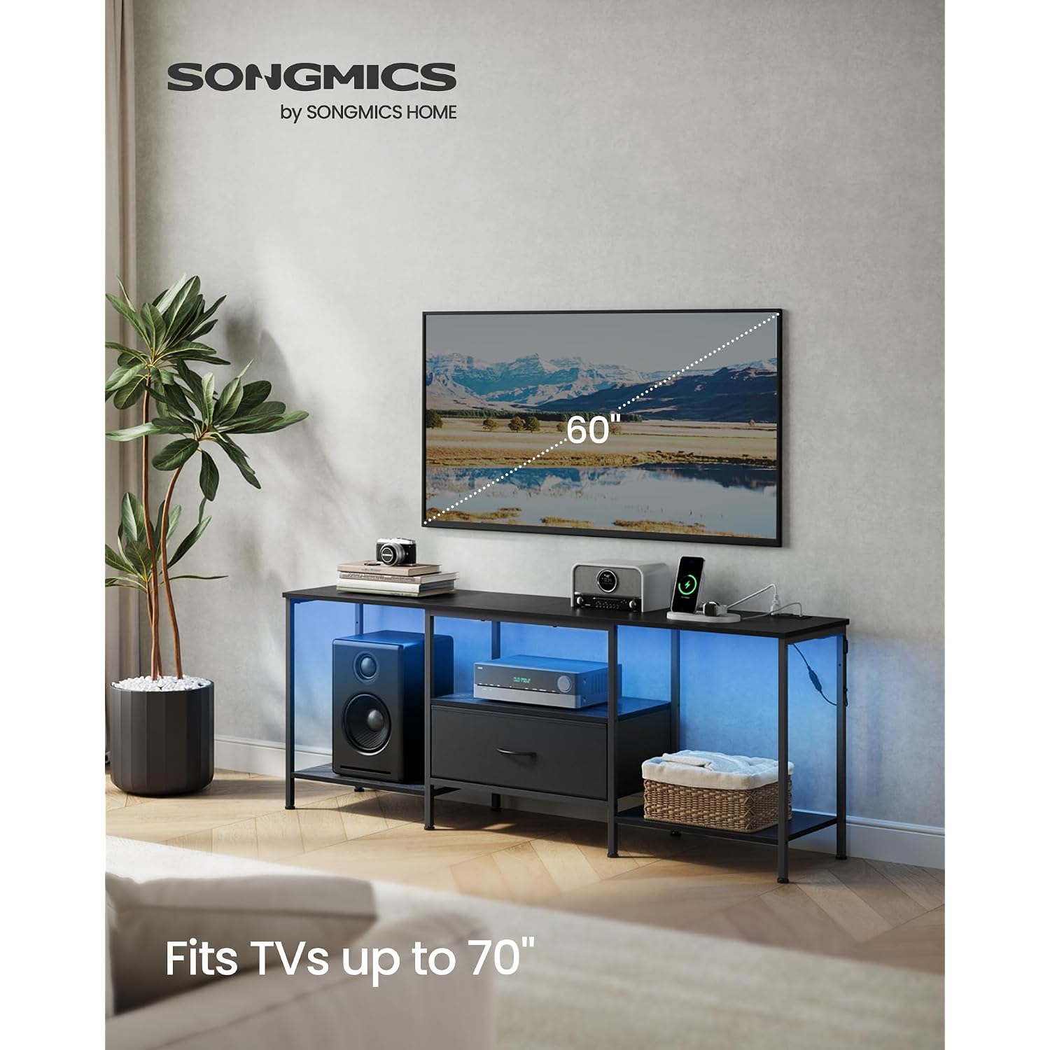 Songmics Bellah Collection - Tv Stand For Tvs Up To 70 Inches, Media Console Table And Entertainment Center Unit For Living Room, With Shelves And Drawer, Steel, Modern, Ink Black Ulgs131B101S