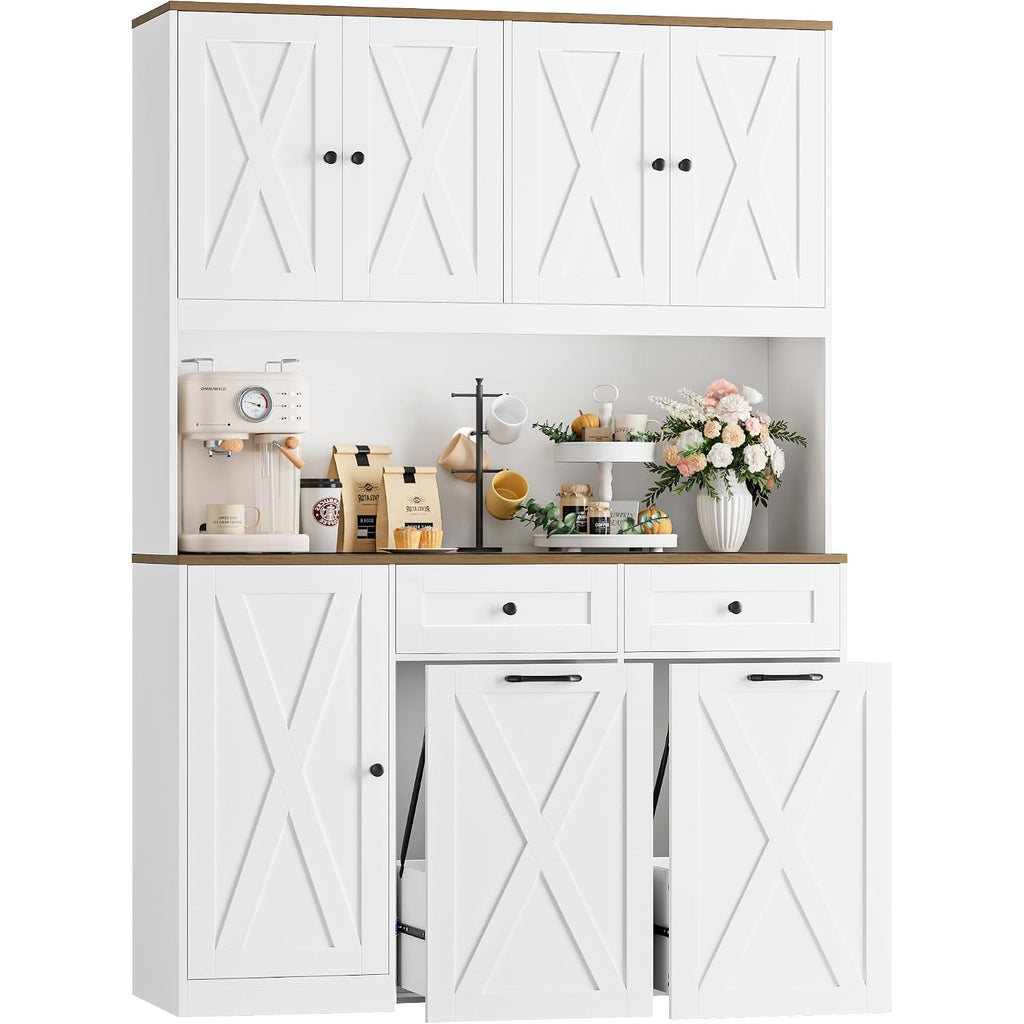 Hostack 71" Kitchen Pantry With 12.5 Gallon Double Trash Can Cabinet, White | Farmhouse Garbage Can Cabinet With Pull Out Trash Can Storage, 47"W Kitchen Hutch With Hidden Garbage Storage For Dining Room