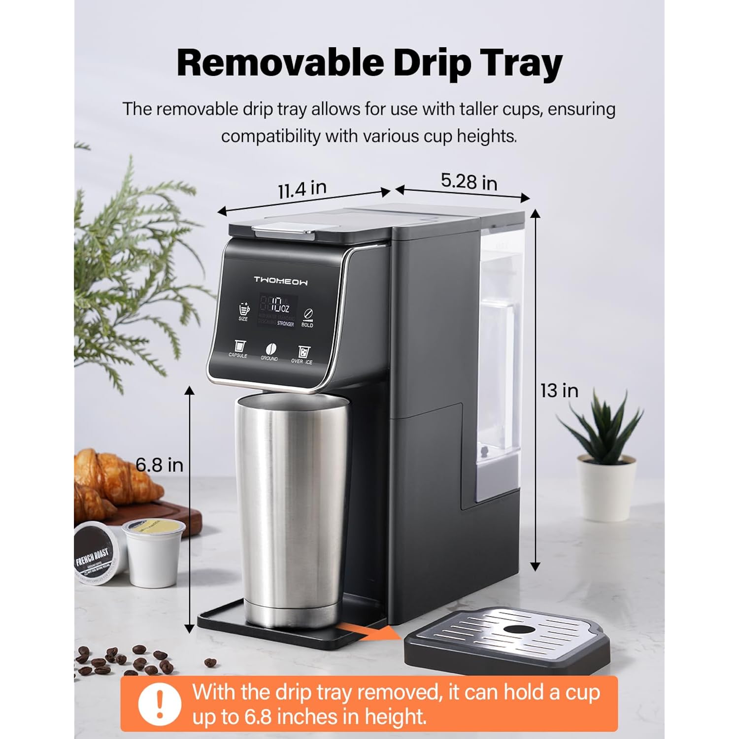 K Cup Coffee Maker With Bold Setting, Single Serve Hot & Iced Coffee Maker for K-Cup and Grounds, 52 Oz Removable Water Tank, 6 to 14oz Brew Size, Pod Coffee Machine With Reusable Filter, Gray