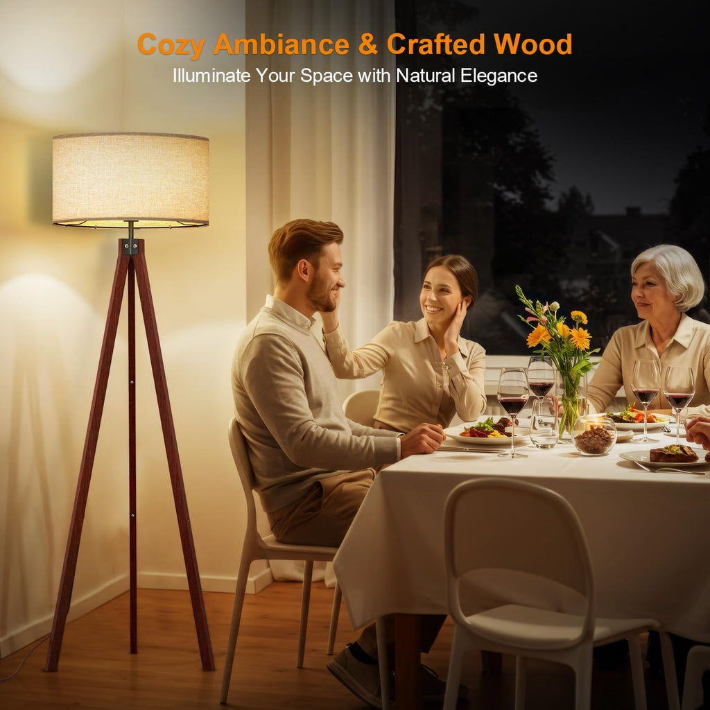 Lepower Tripod Floor Lamp Mid Century Modern Standing Lamps For Living Room | Light-Diffusing Linen Shade, Premium Rubberwood Tripod With E26 Base, Adding Warmth To Bedroom, Office & Study Corner Brown