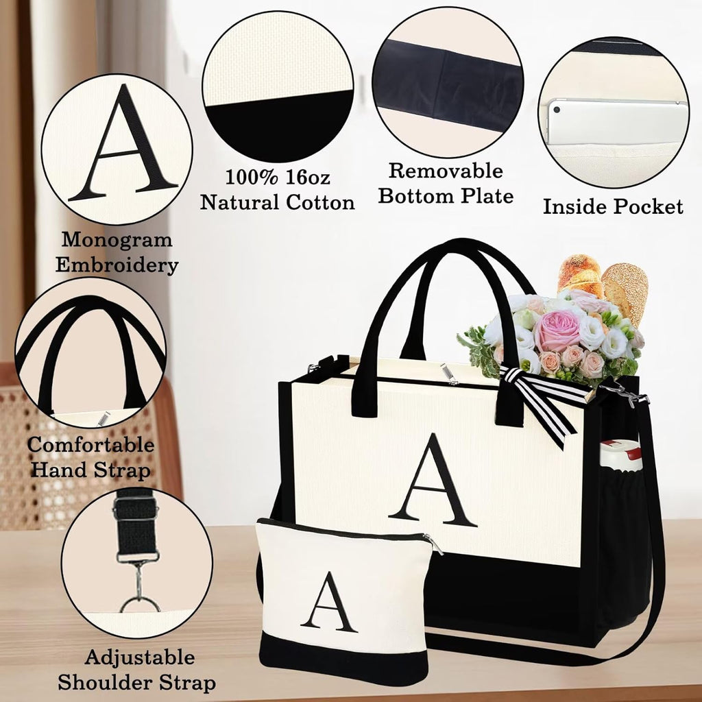 YOOLIFE Birthday Gifts for Women - Initial Canvas Tote Bag & Makeup Bag Monogrammed Beach Bag for Women Mom Sister Friends