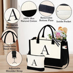 YOOLIFE Birthday Gifts for Women - Initial Canvas Tote Bag & Makeup Bag Monogrammed Beach Bag for Women Mom Sister Friends