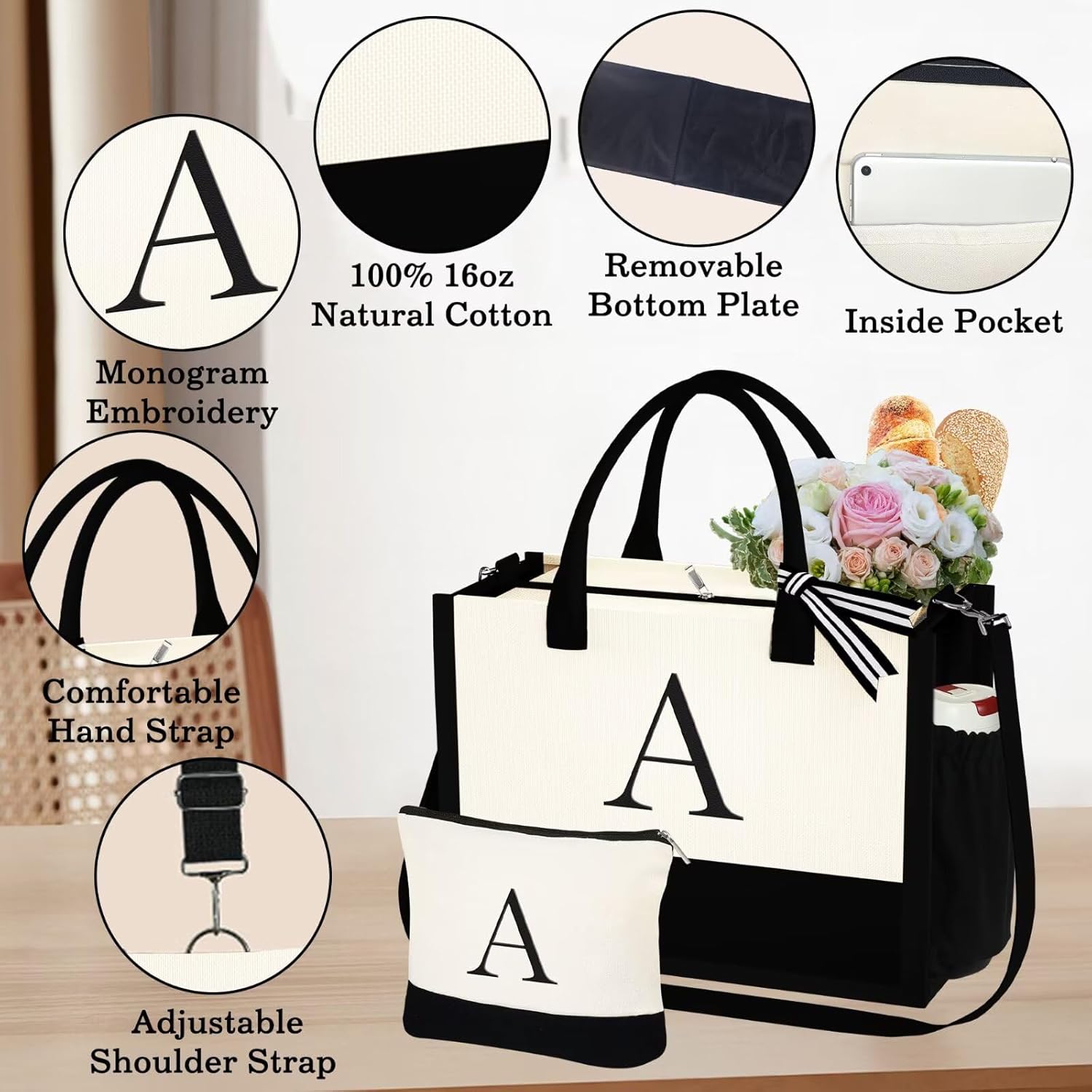 YOOLIFE Birthday Gifts for Women - Initial Canvas Tote Bag & Makeup Bag Monogrammed Beach Bag for Women Mom Sister Friends