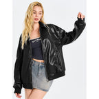 Tankaneo Womens Faux Leather Jackets Oversized Bomber Casual Fall Fashion Zip Up Moto Biker Coats