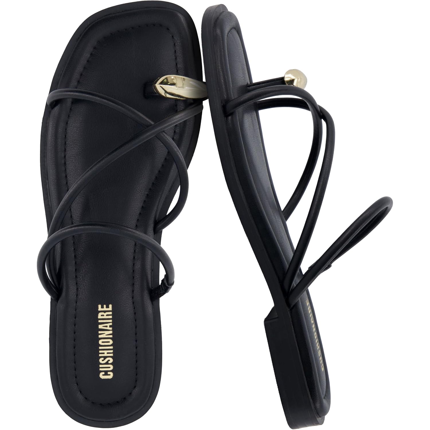 Cushionaire Venue Women’S Strappy Toe-Loop Slide Sandals With Gold-Tone Accent & Memory Foam Comfort