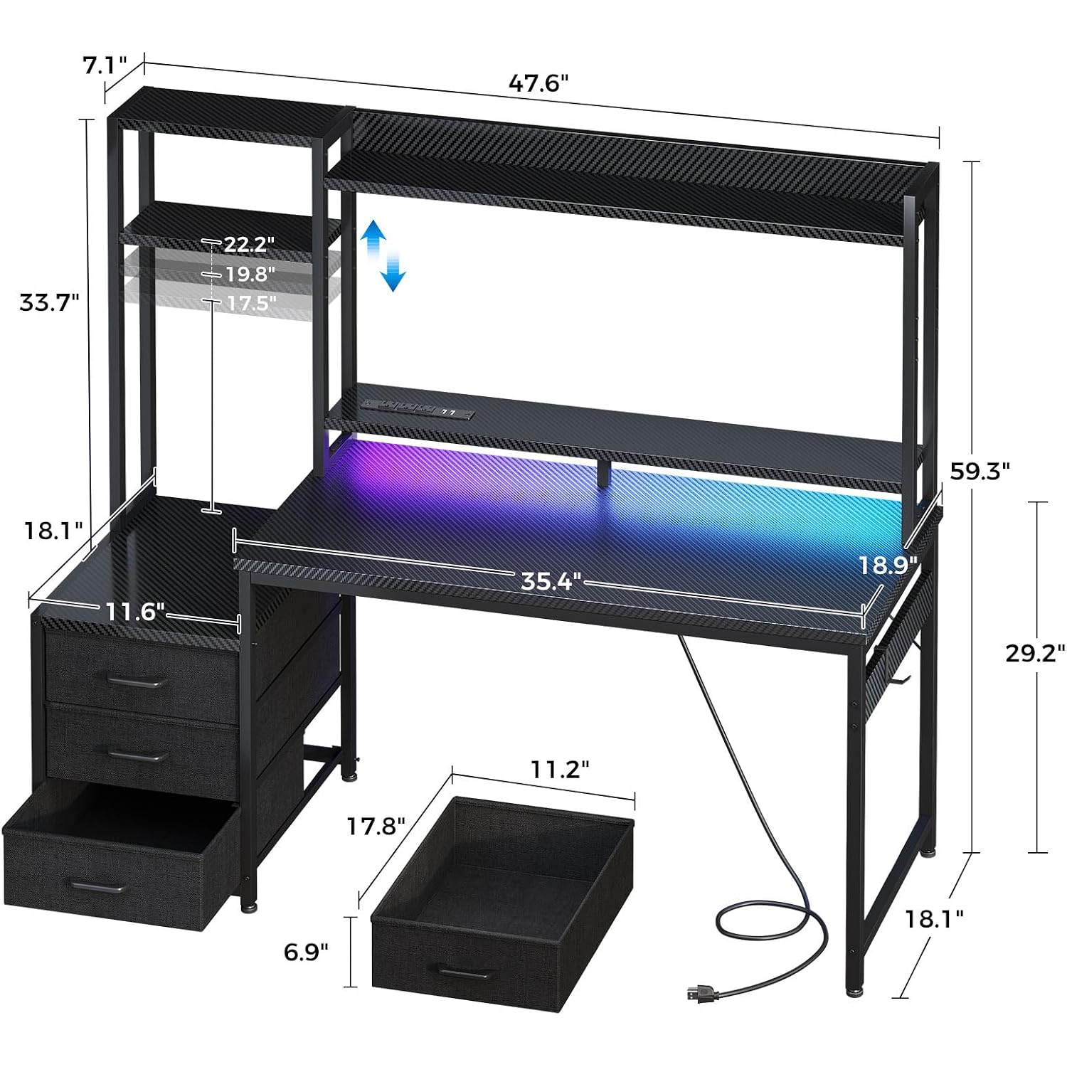 Casaottima 48 Inch Gaming Desk With Hutch & 3 Fabric Drawers, Computer Desk With Usb Ports & Led Lights, Reversible Pc Gamer Table With Monitor Stand For Home Office, Carbon Fiber Black
