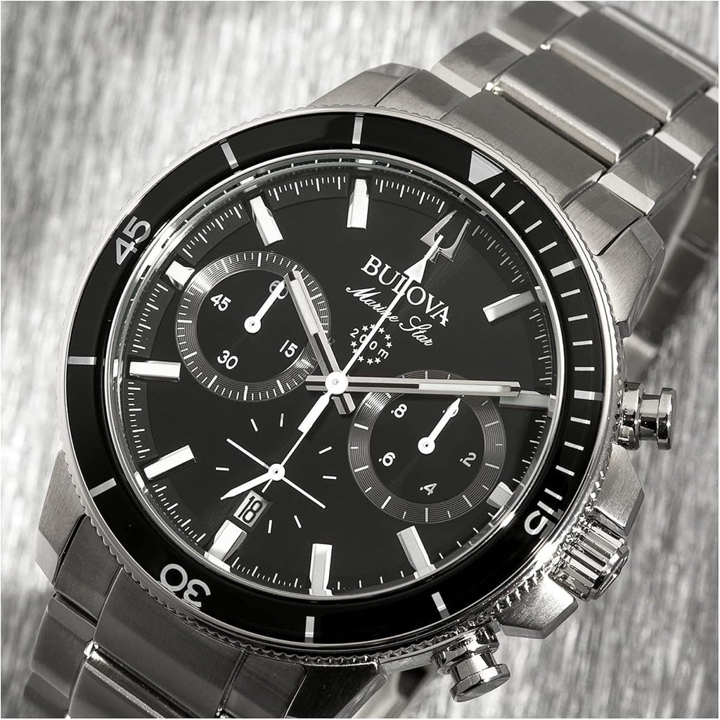 Bulova Men'S Marine Star Series C Stainless Steel 6-Hand Chronograph Quartz Watch, Black Dial Style: 96B272