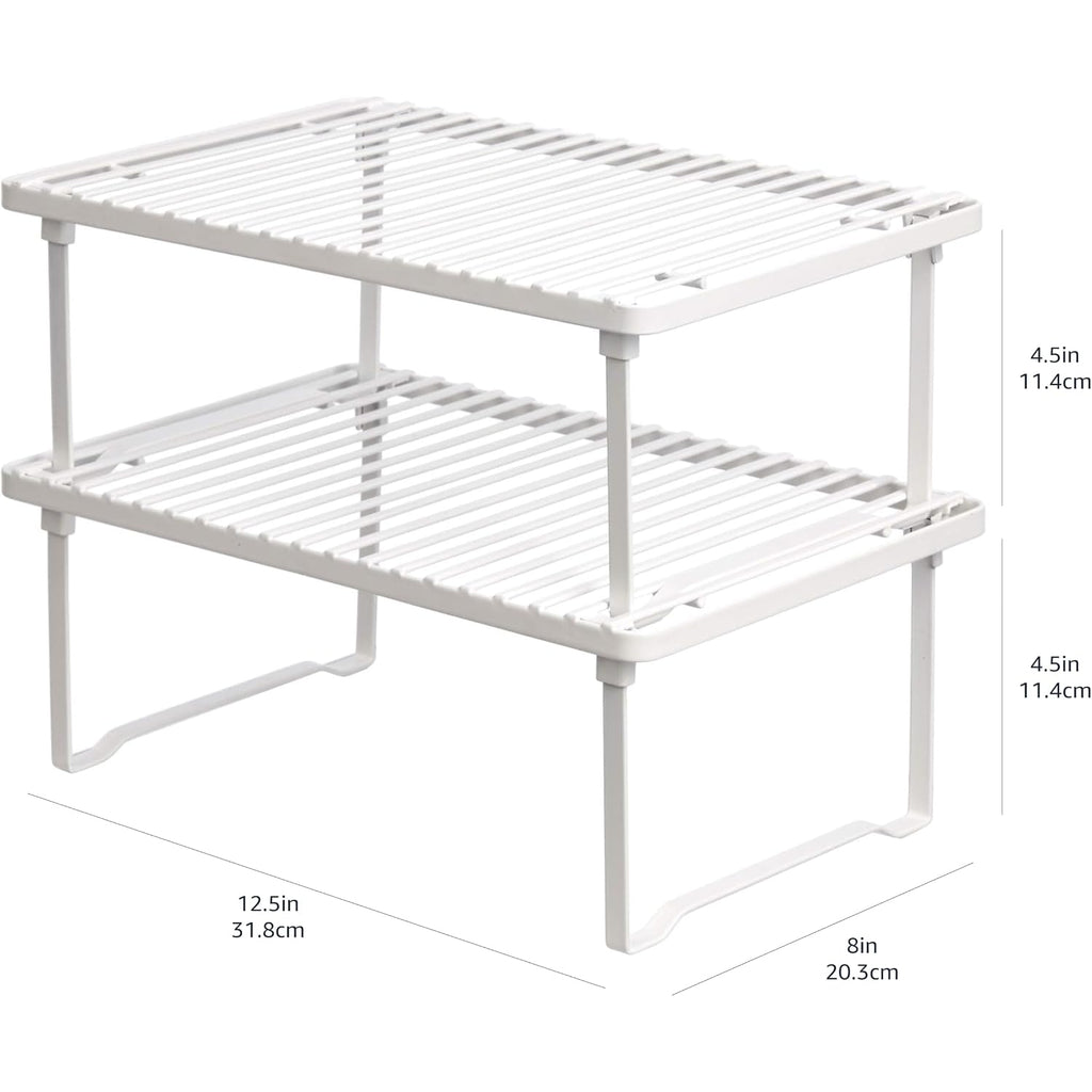 Amazon Basics Space-Saving Stackable Metal Kitchen Cabinet Organizer Shelves For Dishes, Pantry Organization, 12.5" L X 8" D X 4.5" H, Set Of 2, White