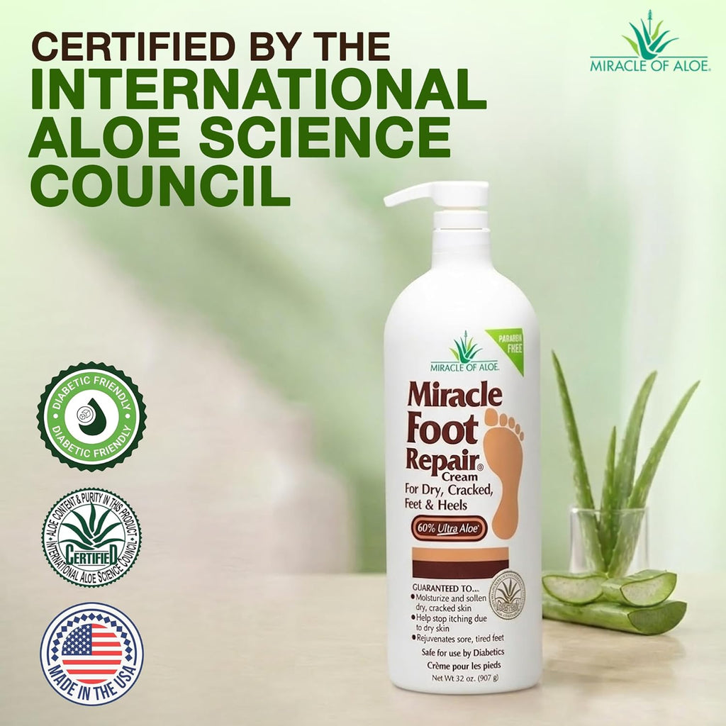 Miracle of Aloe Foot Repair Cream, 32 oz, 60% Pure UltraAloe, Non-Greasy Moisturizer for Dry, Cracked Feet and Callused Skin, Fast-Absorbing Deep Hydration, Diabetic Safe, Peppermint Scent