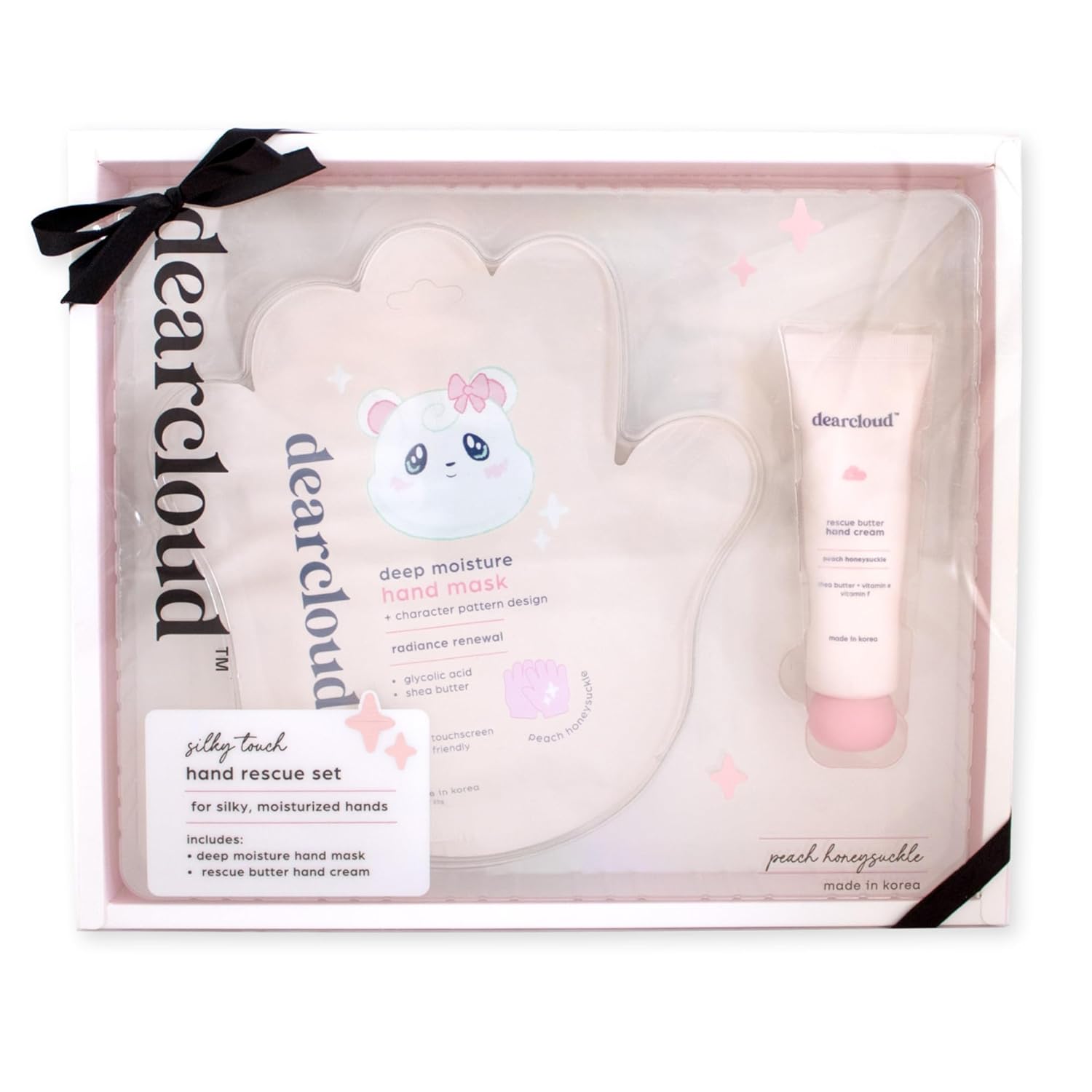 dearcloud Silky Touch Hand Rescue Set - Hand Mask for Dry Cracked Hands + Moisturizing Hand Cream - Self Care Gift Set (Peach Honeysuckle)