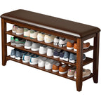 Shoe Rack Bench Entryway Storage With Leather Cushion, Shoe Organizer Bench For Entryway, Ideal For Front Doors Entrances Hallway Mudroom Featuring Rubberwood And 3 Height-Adjustable Removable Shelve
