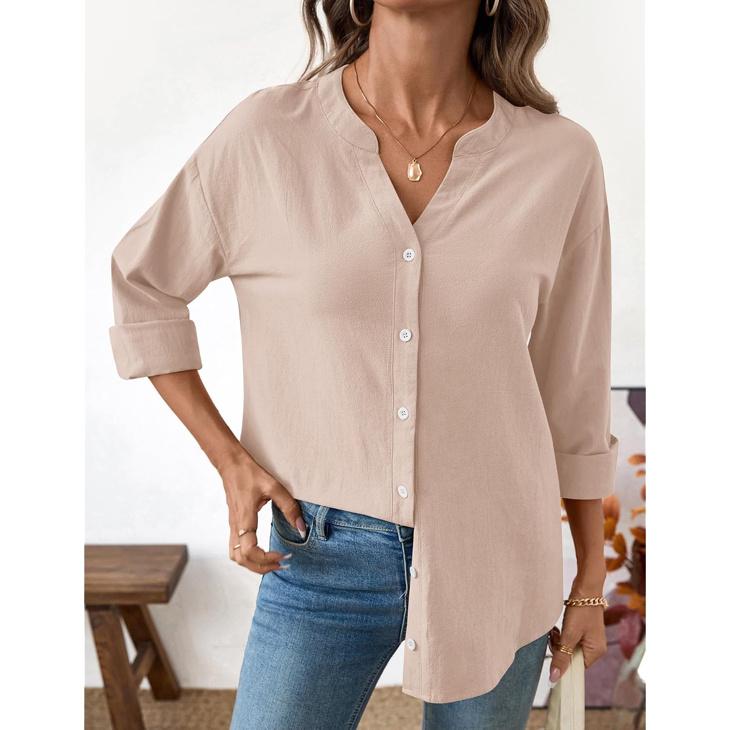 Lomon Womens Button Down Shirts Long Sleeve Cotton Button Up Shirt Linen V Neck Casual Loose Tops Blouses