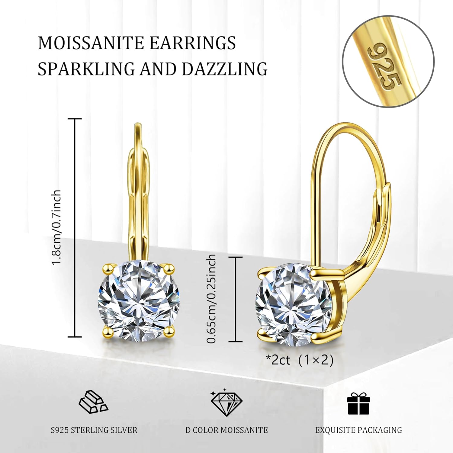 Moissanite Earrings, White Gold Plated Soild Sterling Silver Dangle Earrings 1.0ct-2.0ct D Color Brilliant Round Cut Lab Created Moissanite French Leverback Drop Earring for Women