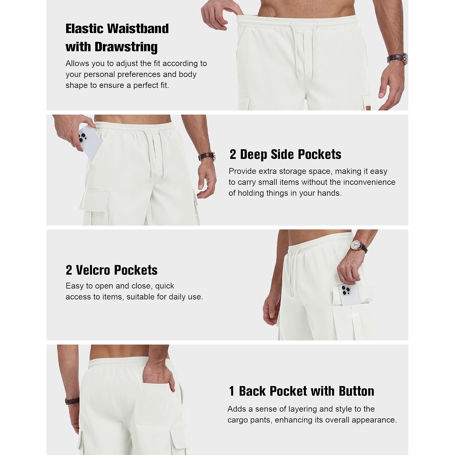 Mens Cargo Shorts Elastic Waist Drawstring Hiking Shorts For Men Stretch Casual Short With 5 Pockets
